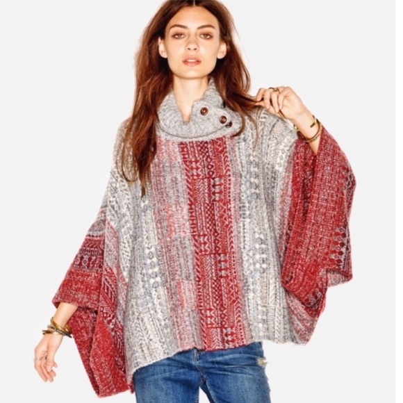 Free People Sweaters - Free People Willow Red and Gray Patterned Poncho
